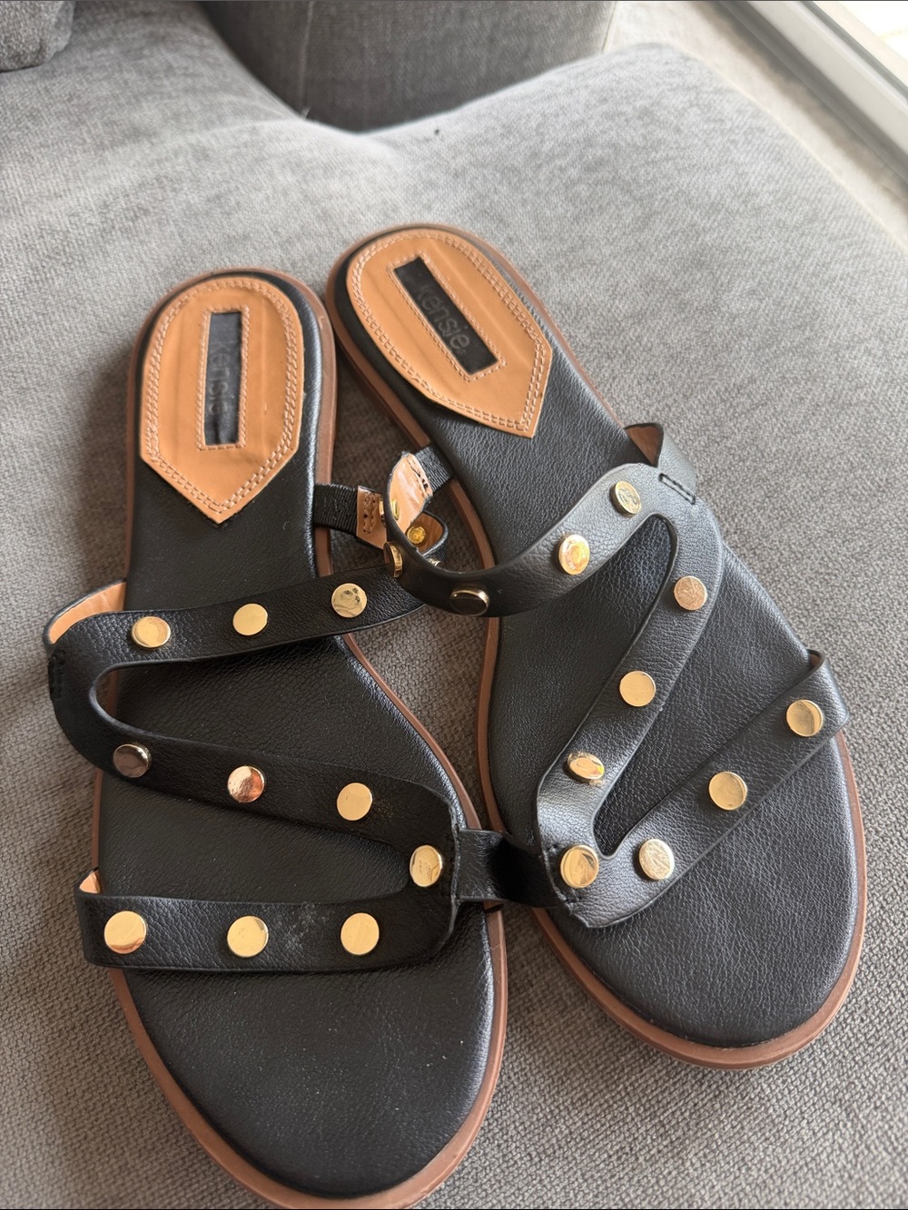 Kensie Black Slide Sandals with Gold Studs